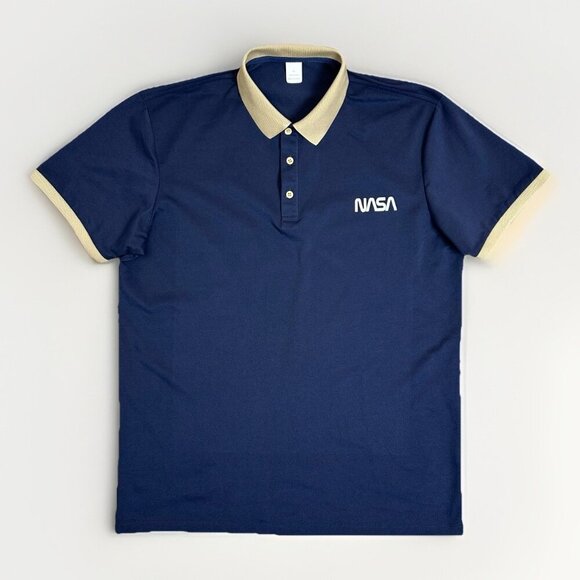 NASA Logo Men's Short Sleeves Polo Shirt Size XL Navy Blue Beige Polyester NWOT - Picture 1 of 8